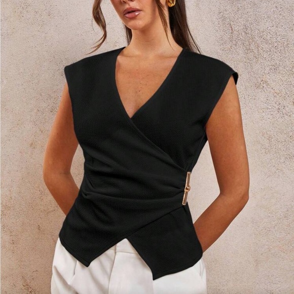 Tops - Textured black wrap short sleeve v neck top